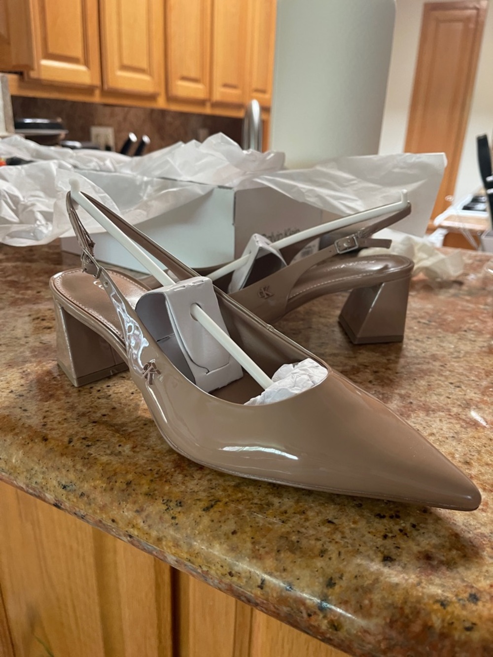 Calvin Klein Nude Patent Slingback Block Heel Pumps